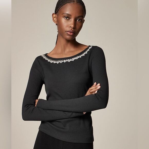 NWT J CREW Vintage rib boatneck T-shirt with embellishments in black - Picture 2 of 8